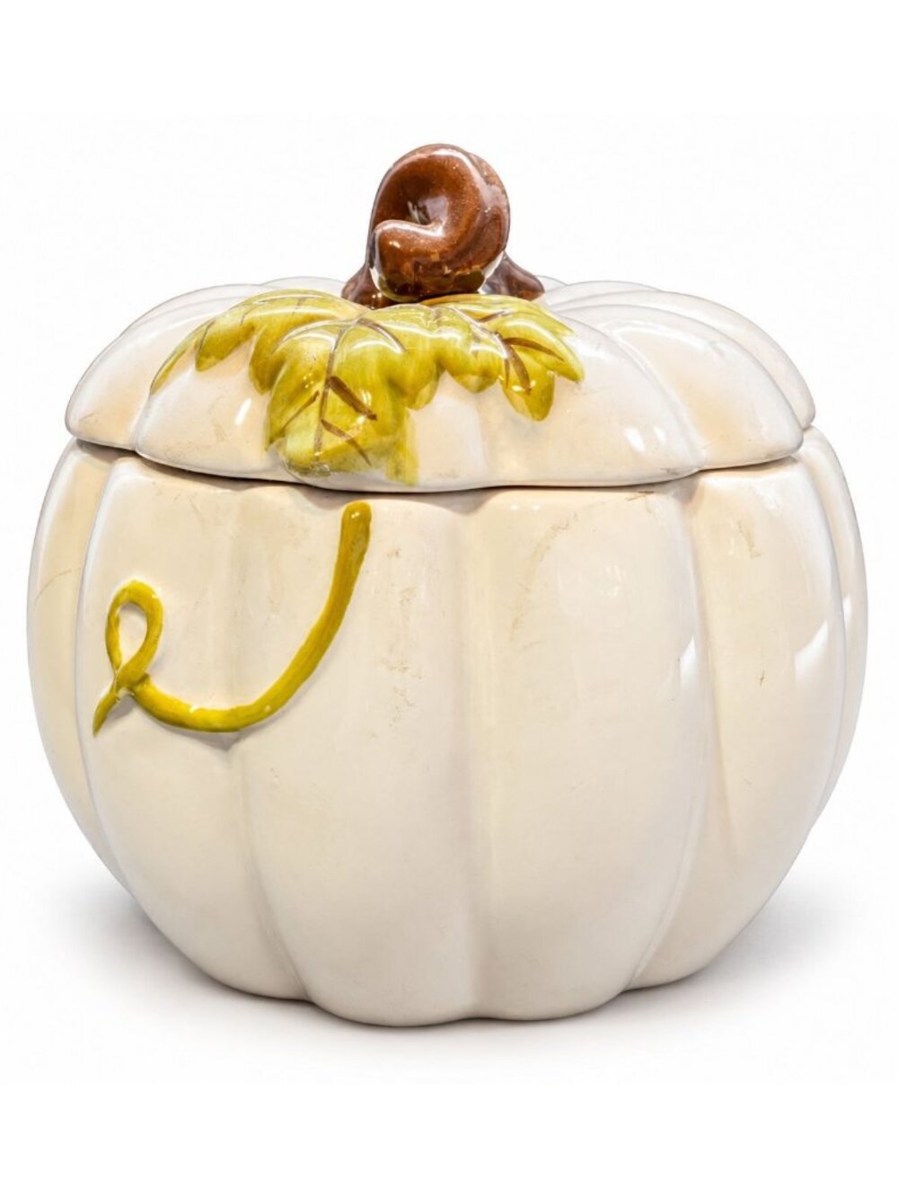 Pumpkin-Shaped White Earthenware Candy Jar With Lid 5.39" Diameter Hand-Painted